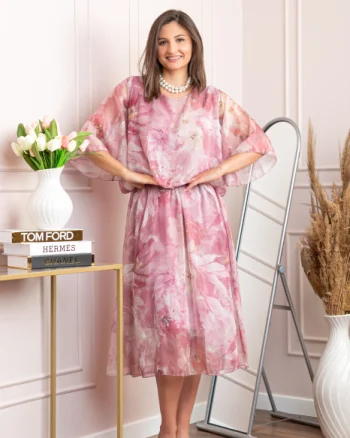 Rochie dama Theresa din voal cu imprimeu floral roz pudrat