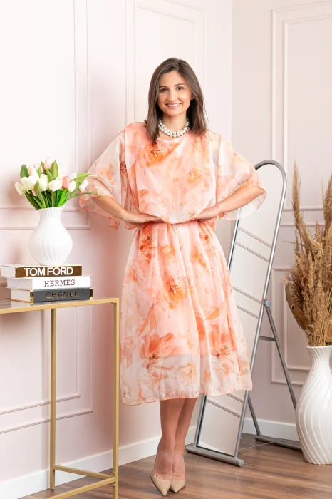 Rochie dama Theresa din voal cu imprimeu floral roz piersica