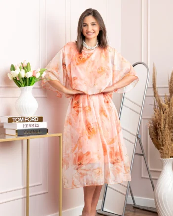 Rochie dama Theresa din voal cu imprimeu floral roz piersica