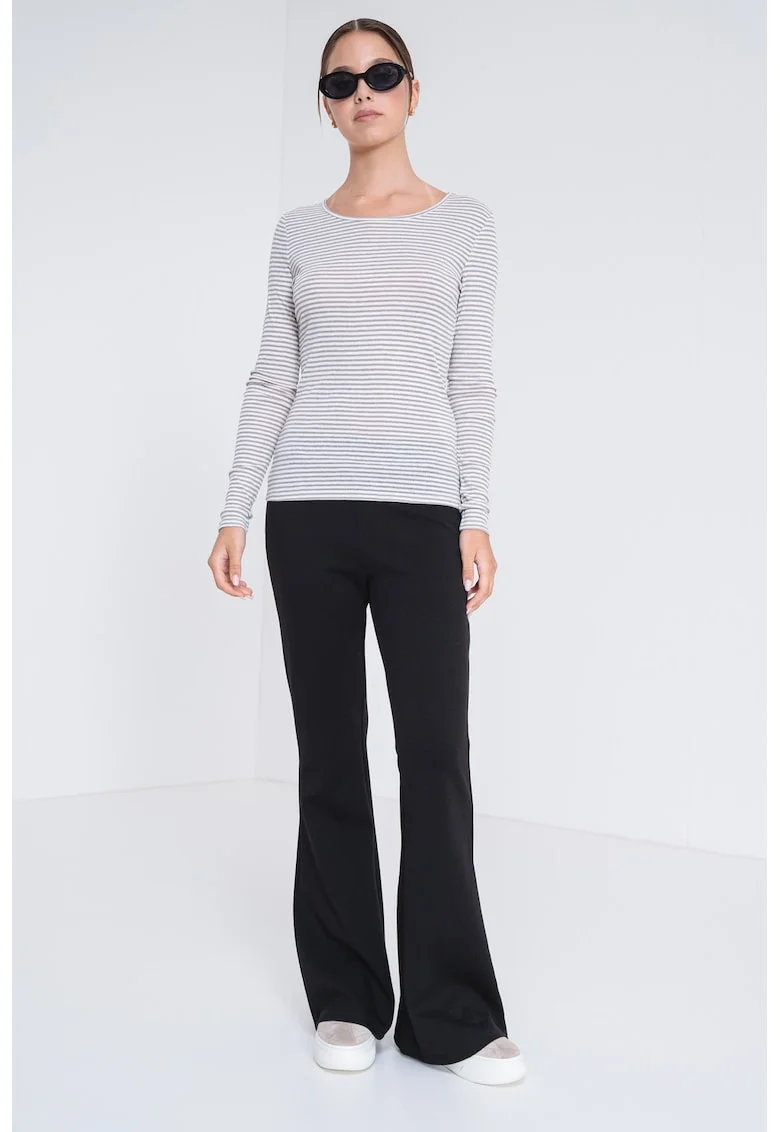 Bluza slim fit cu decolteu rotund si dungi, Alb/Grej