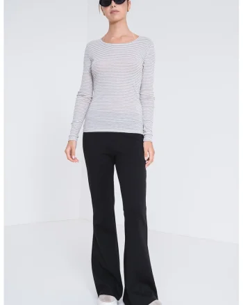 Bluza slim fit cu decolteu rotund si dungi, Alb/Grej