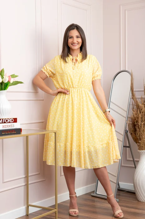 Rochie retro Krista cu buline albe si maneci bufante - Galben pastel