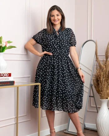 Rochie retro Krista cu buline albe si maneci bufante - Negru