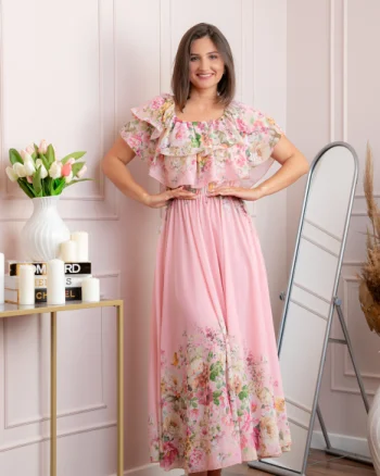 Rochie eleganta lunga Ayana cu imprimeri florale si volane ample - Roz pastel