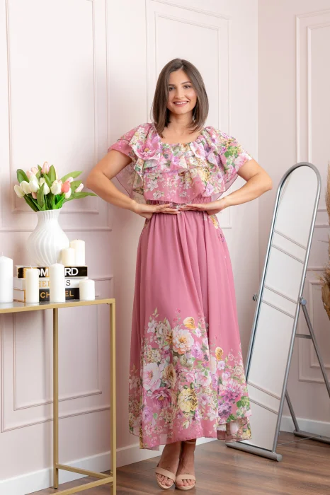 Rochie eleganta lunga Ayana cu imprimeri florale si volane ample - Roz pudrat