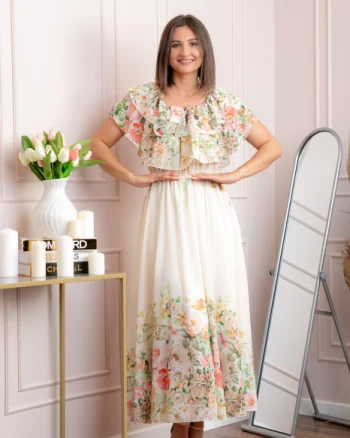 Rochie eleganta lunga Ayana cu imprimeri florale si volane ample - Ivoire