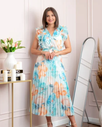 Rochie eleganta plisata Cindy cu imprimeu floral si volane la umeri - Bleu pastel