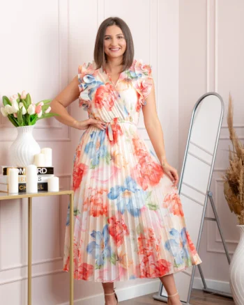 Rochie eleganta plisata Cindy cu imprimeu floral si volane la umeri - Corai