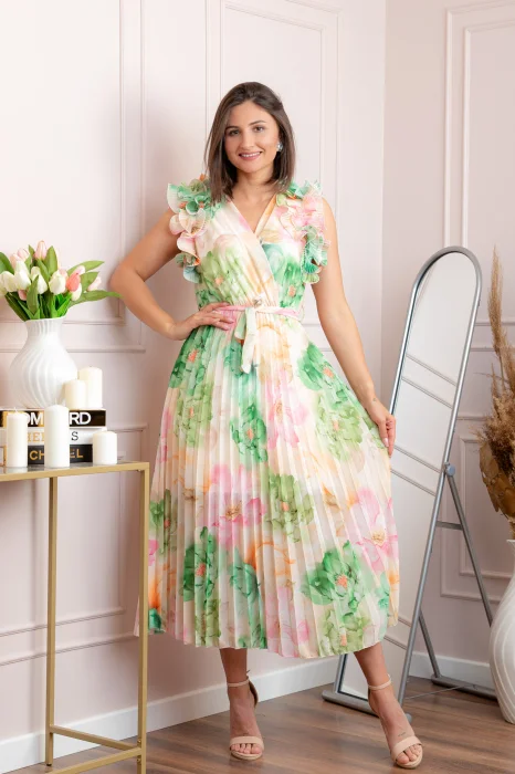 Rochie eleganta plisata Cindy cu imprimeu floral si volane la umeri - Verde pastel