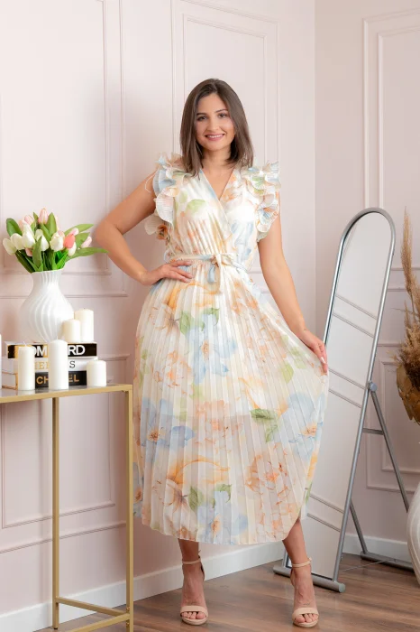 Rochie eleganta plisata Cindy cu imprimeu floral si volane la umeri - Ivoire