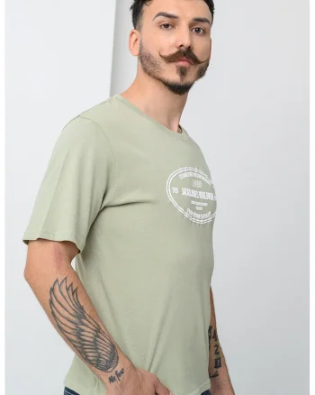 Tricou cu imprimeu frontal si decolteu la baza gatului York, Alb/Verde deschis