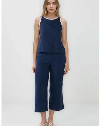 Pantaloni capri din in cu croiala ampla, Albastru indigo
