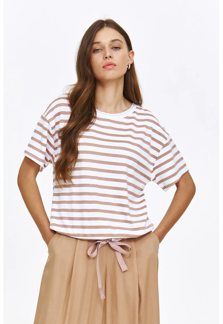 Tricou cu dungi si prindere cu snururi la terminatie, Alb/Maro deschis