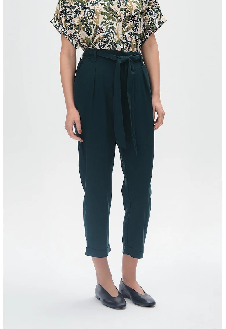Pantaloni crop din amestec de in cu cordon in talie, Verde englez