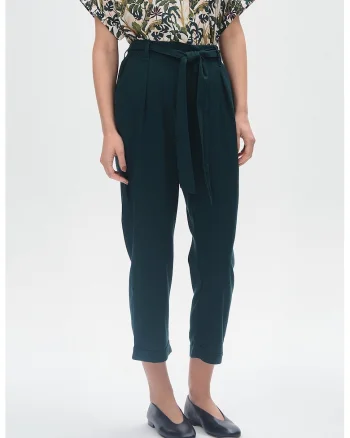 Pantaloni crop din amestec de in cu cordon in talie, Verde englez