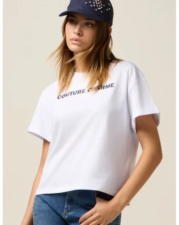 Tricou lejer cu text, Alb/Bleumarin