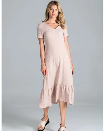 Rochie midi  bej din bumbac cu volane si maneci scurte, Bej