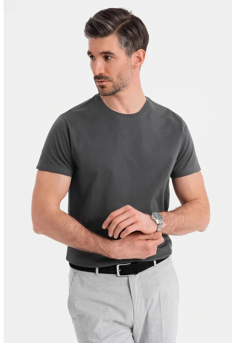 Tricou uni cu decolteu la baza gatului, Gri inchis