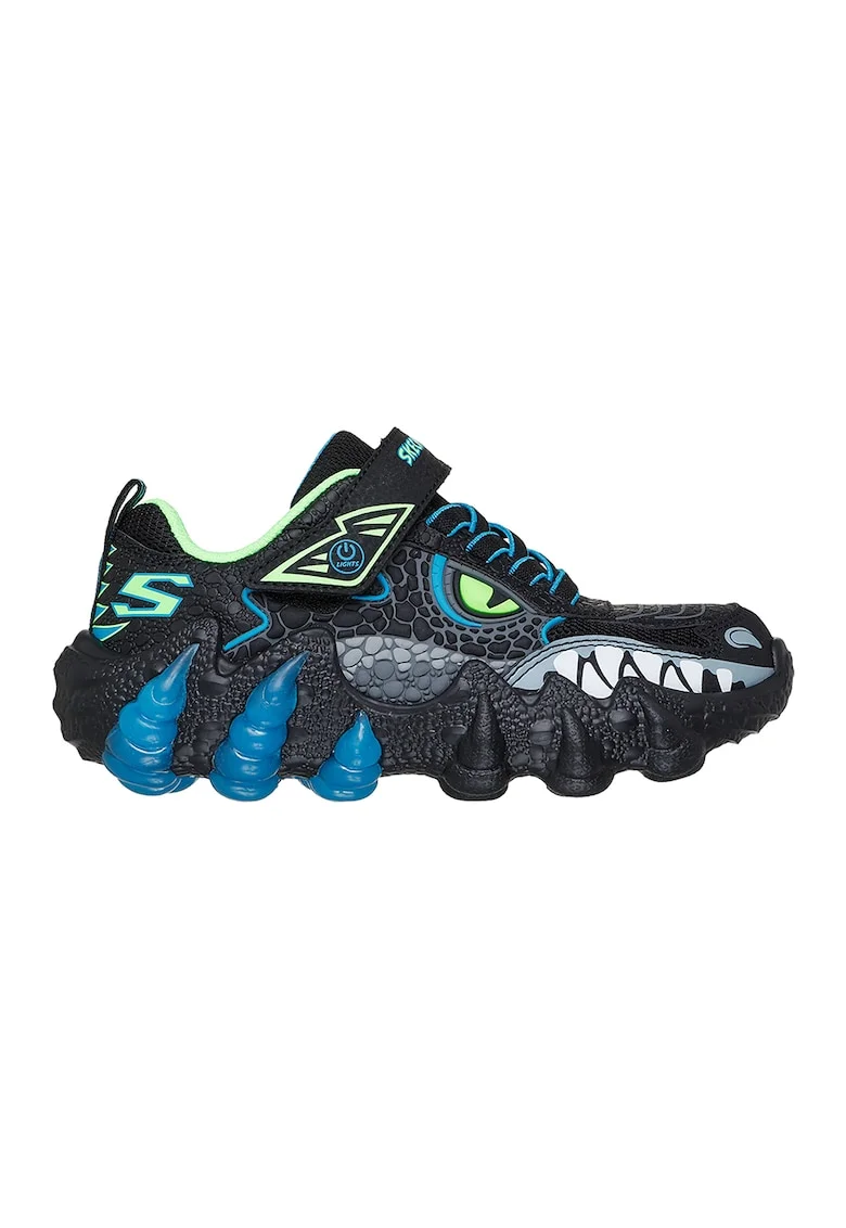 Pantofi sport Skech O Saurus Lights de piele ecologica cu model grafic, Negru/Turcoaz