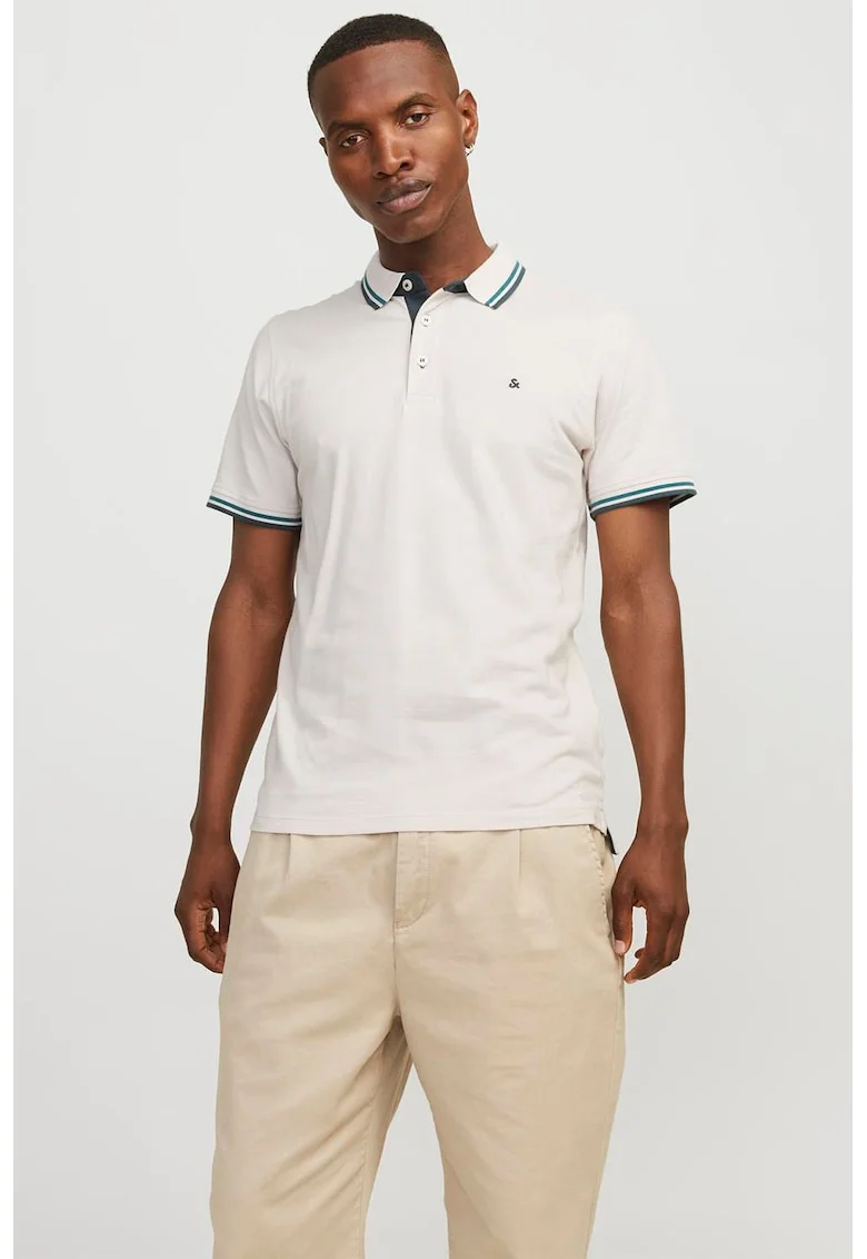 Tricou polo slim fit de bumbac organic Paulos, Alb optic/Bleumarin