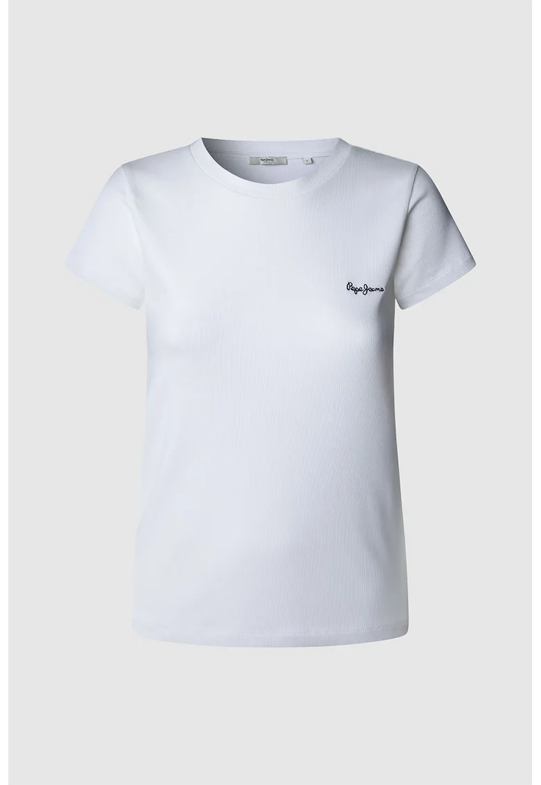Tricou cu decolteu la baza gatului si logo brodat, Alb optic