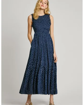 Rochie evazata cu decupaj pe spate, Alb/Albastru indigo