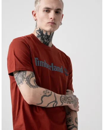 Tricou cu decolteu la baza gatului si imprimeu logo Linear, Caramiziu/Albastru