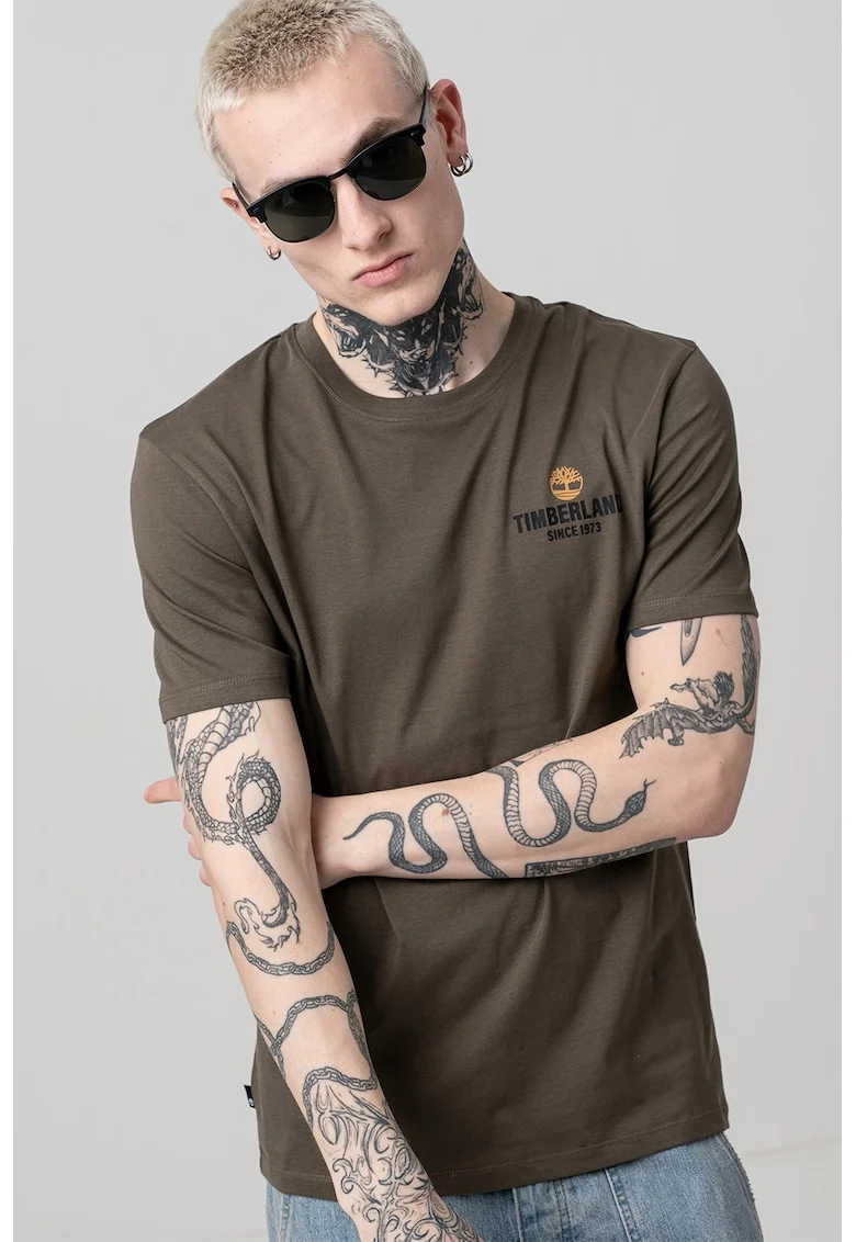 Tricou de bumbac cu imprimeu logo, Negru/Kaki inchis