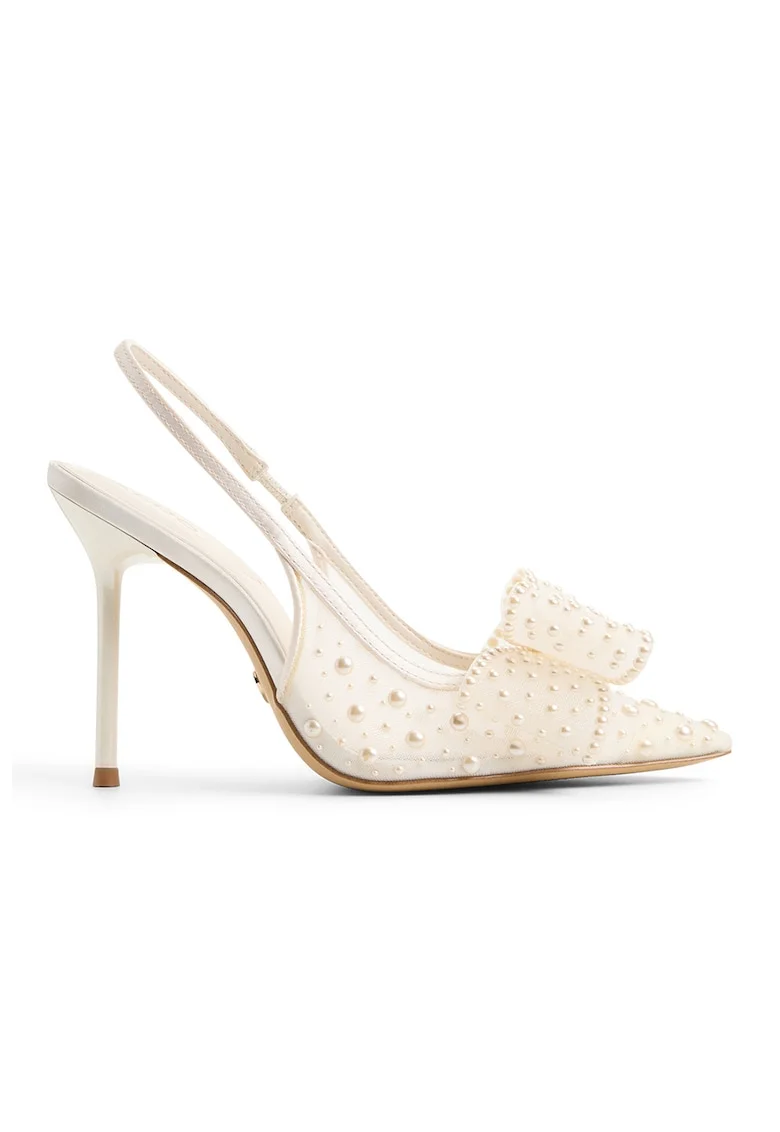 Pantofi slingback cu toc inalt si aplicatie cu margele Anastasiaa, Alb murdar
