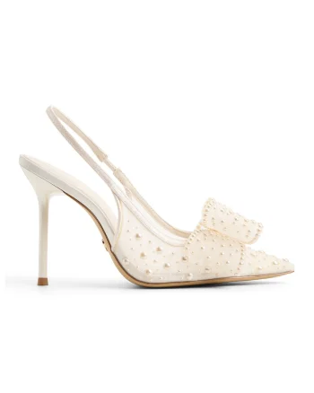 Pantofi slingback cu toc inalt si aplicatie cu margele Anastasiaa, Alb murdar