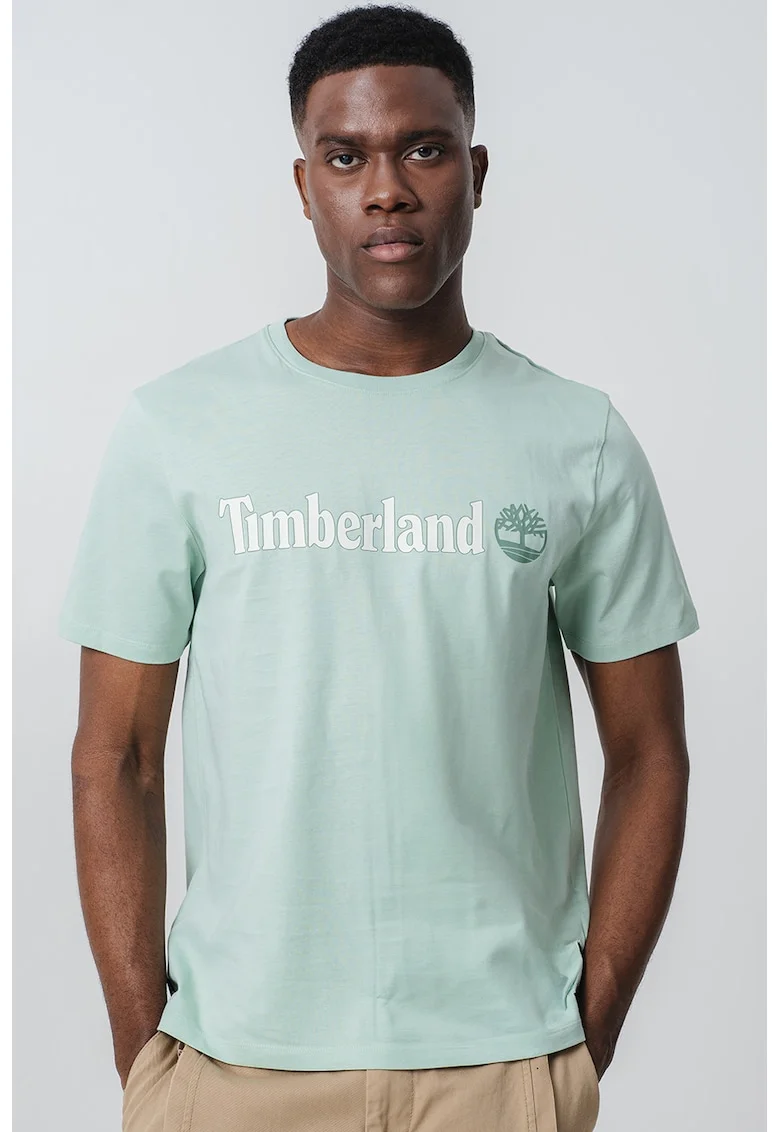 Tricou cu decolteu la baza gatului si imprimeu logo Linear, Verde deschis