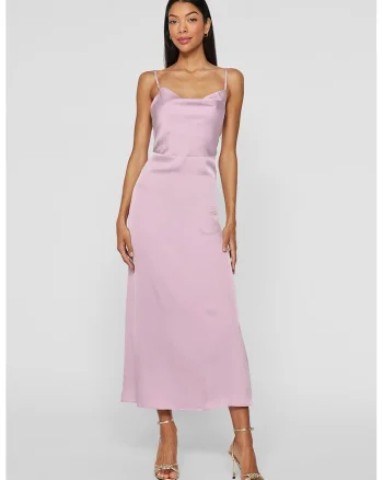 Rochie maxi cu aspect satinat, Roz pastel