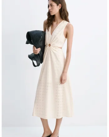 Rochie cu decolteu in V, broderie si decupaje, Crem