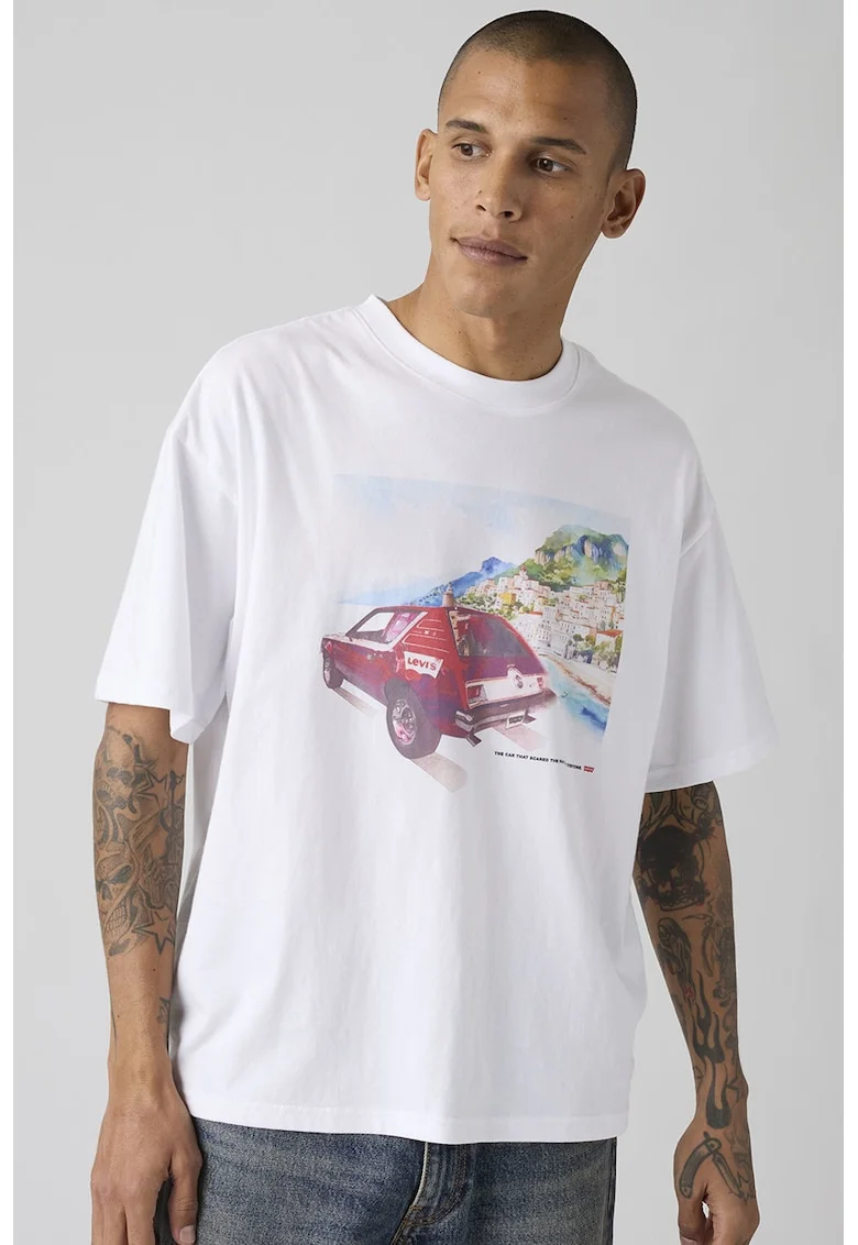 Tricou cu decolteu la baza gatului si imrimeu grafic, Albastru pastel/Roz pastel/Alb optic