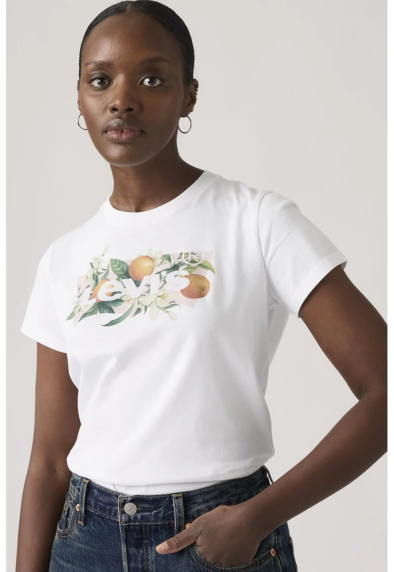 Tricou din bumbac cu logo si imprimeu grafic, Alb optic