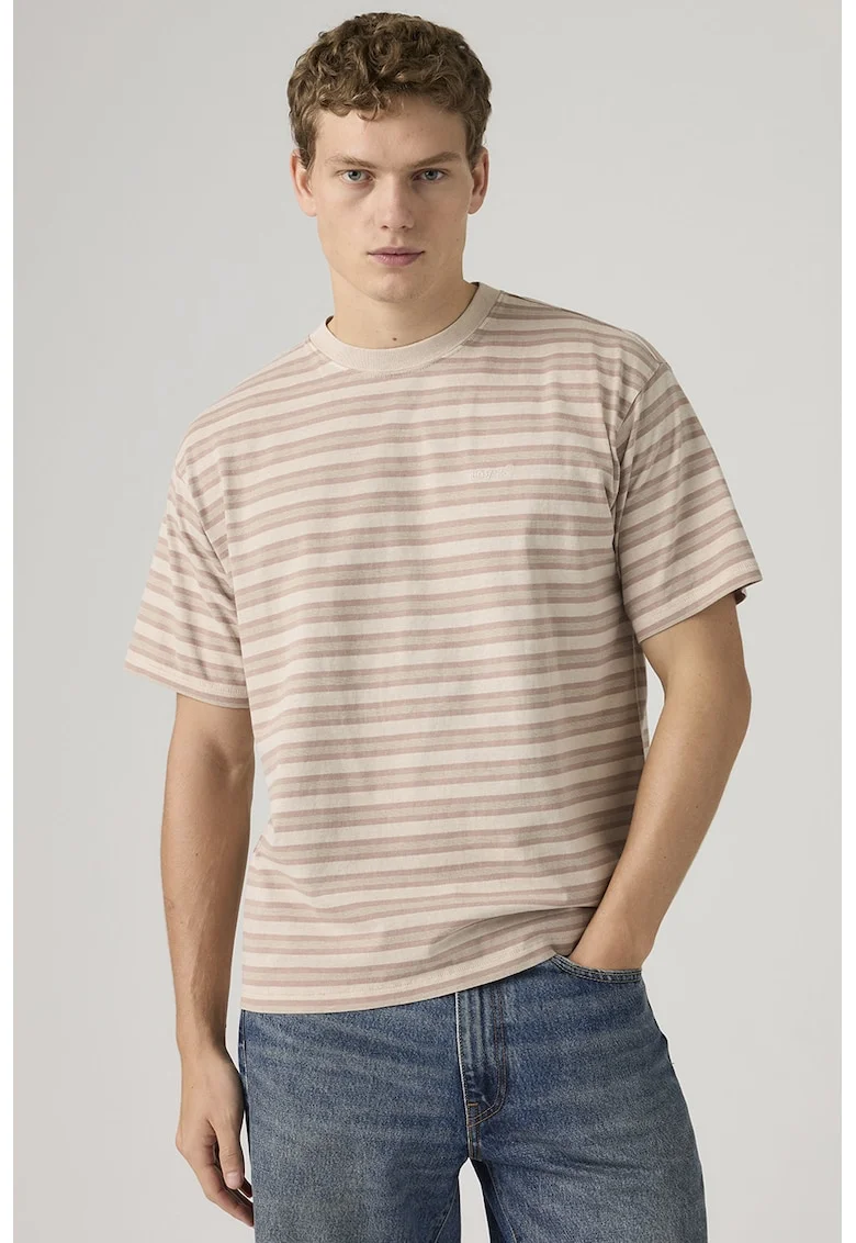 Tricou cu decolteu la baza gatului si dungi, Roz prafuit