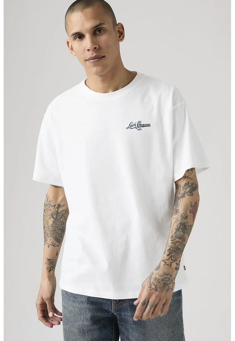 Tricou din bumbac cu imprimeu pe partea din spate, Alb optic/Bleumarin