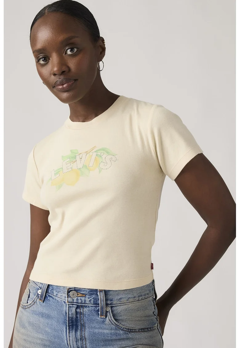 Tricou din bumbac cu imprimeu logo, Galben pal