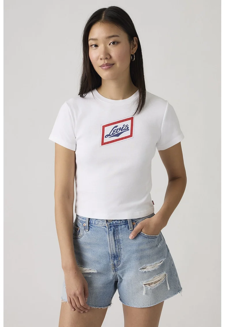 Tricou crop cu imprimeu logo, Alb optic