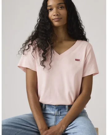 Tricou din bumbac cu decolteu in V, Piersica
