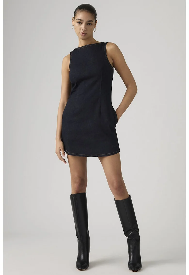 Rochie mini din denim cu decolteu barcuta, Negru