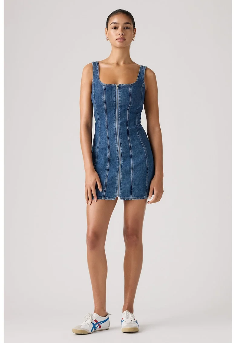 Rochie din denim cu cusaturii accentuate, Albastru inchis