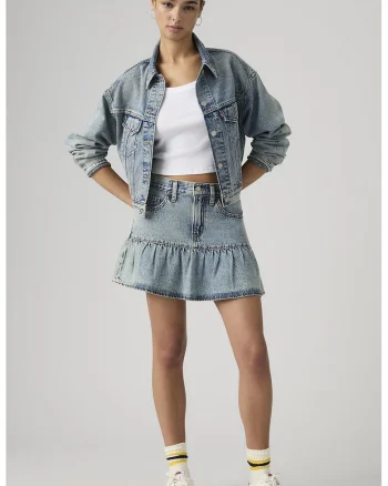 Fusta din denim cu terminatie cu volan, Albastru prafuit