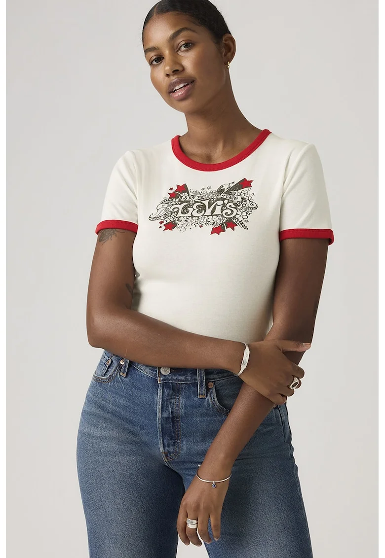Tricou slim-fit cu logo, Rosu/Alb murdar