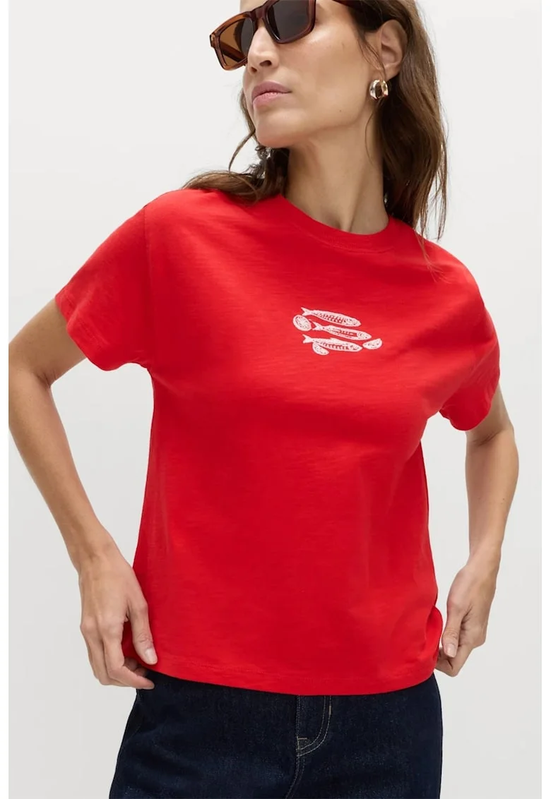 Tricou de bumbac cu decolteu la baza gatului, Rosu vermillion