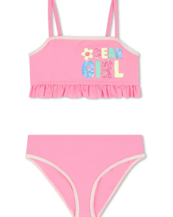 Costum de baie din doua piese cu garnitura cu volane, Galben/Roz