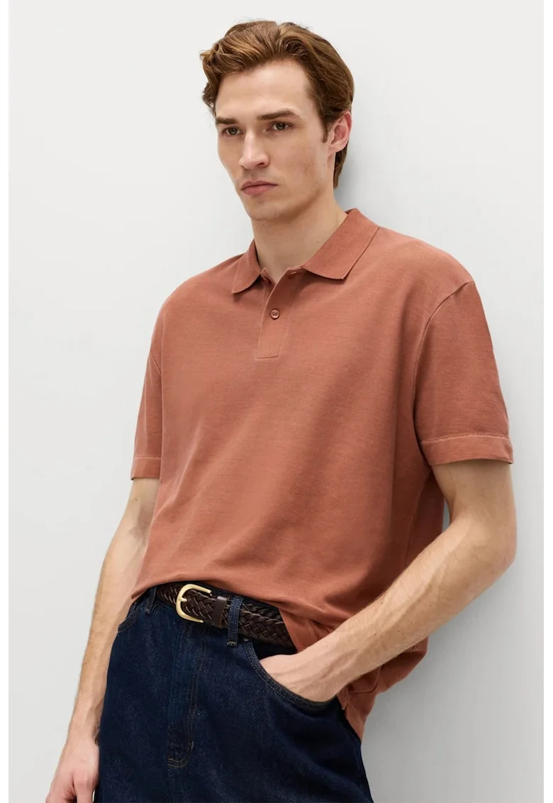 Tricou polo din bumbac cu fenta cu nasturi, Portocaliu stins