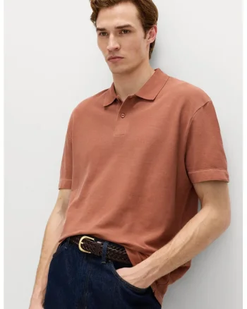 Tricou polo din bumbac cu fenta cu nasturi, Portocaliu stins