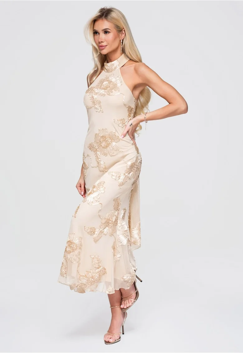 Rochie maxi cu decolteu halter, talie evidentiata si aplicatii florale, Bej