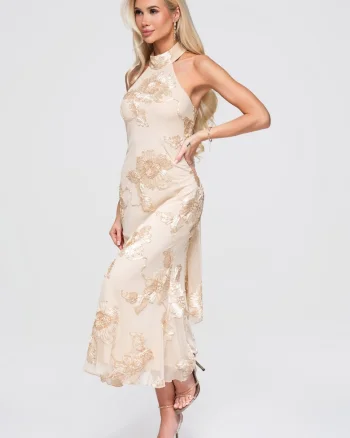 Rochie maxi cu decolteu halter, talie evidentiata si aplicatii florale, Bej